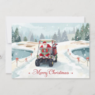 Santa Driving Golf Cart on Winter Golf Course Holiday Card