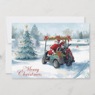 Santa Driving Golf Cart on Winter Golf Course  Holiday Card