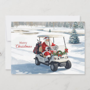 Santa Driving Golf Cart on Winter Golf Course  Holiday Card