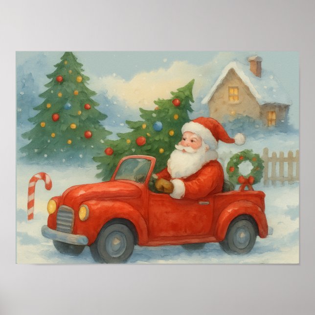 Santa Driving Red Car Watercolor Christmas Poster (Front)