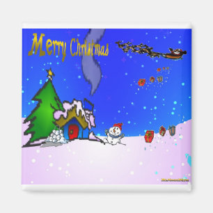 Santa_drops_gifts_by_snowman_and_snow_covered_hous Magnet