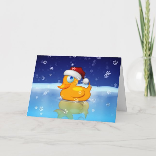 Santa Duck In Icy Pond In Winter Night Holiday Card (Front)
