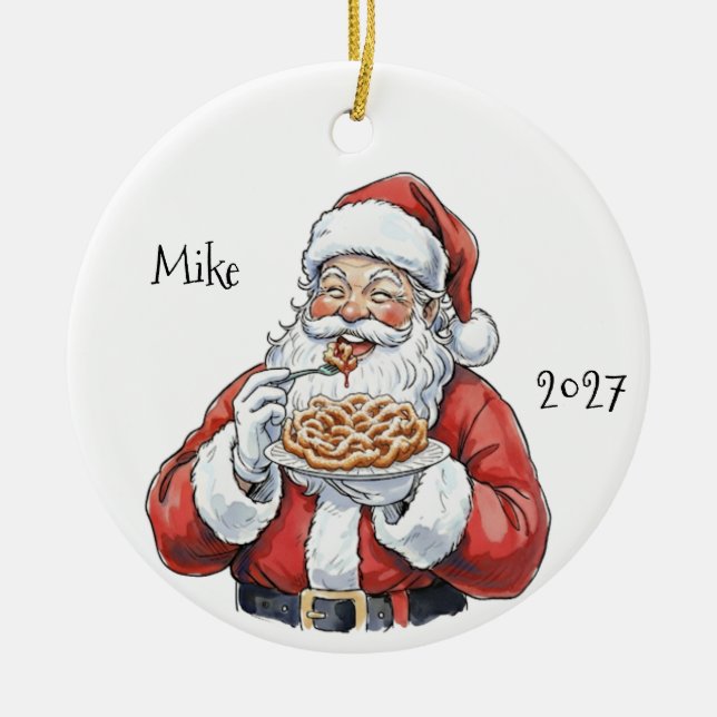 Santa eating Funnel Cake Ceramic Ornament (Front)