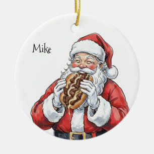 Santa eating Philly Cheesesteak Ceramic Ornament