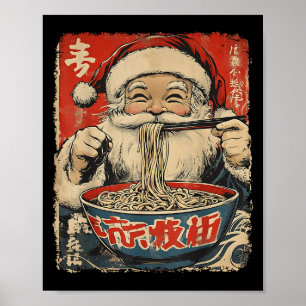 Santa Eating Ramen Noodles Ukiyo-e Insred Christma Poster