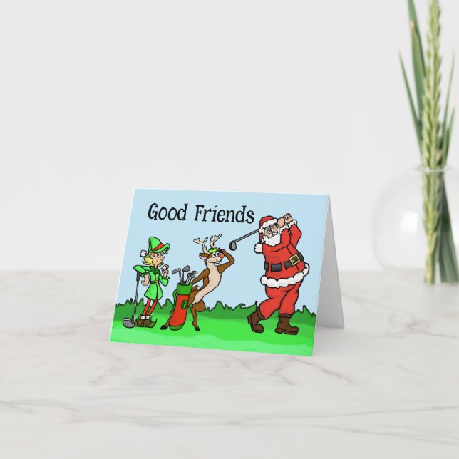 Santa, Elf and Rudolph Golf Christmas Card (Front)