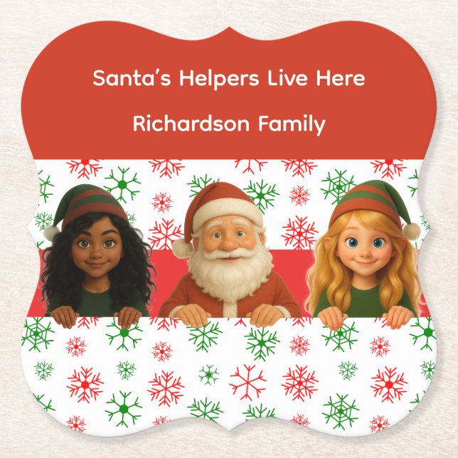 Santa & Elf Faces | North Pole Fun Christmas Paper Coaster (Front)