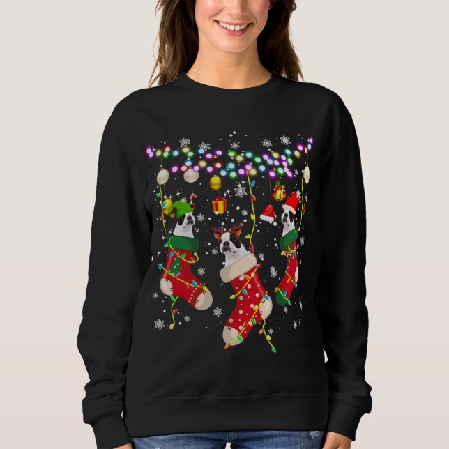 Santa ELF Reindeer Boston Terrier In Christmas Soc Sweatshirt (Front)