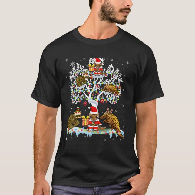 Santa ELF Reindeer Pangolin On Christmas Tree Xmas T-Shirt (Front)