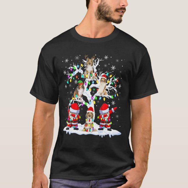 Santa Elf Reindeer Sheltie On Christmas Tree Santa T-Shirt (Front)