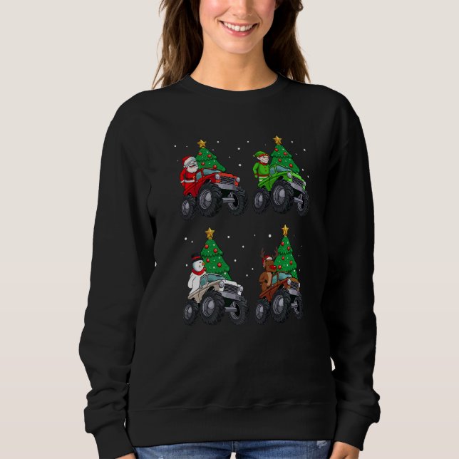 Santa Elf Reindeer Snowman Riding Monster Truck Ch Sweatshirt (Front)