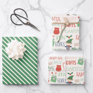 Santa Elf Typography and Stripes Kids Wrapping Paper Sheet