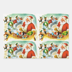 Santa & Elves Vintage Illustration 1940s Wrapping Paper Sheet