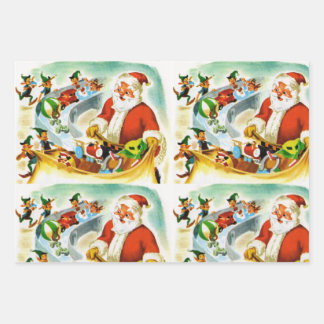 Santa & Elves Vintage Illustration 1940s Wrapping Paper Sheet