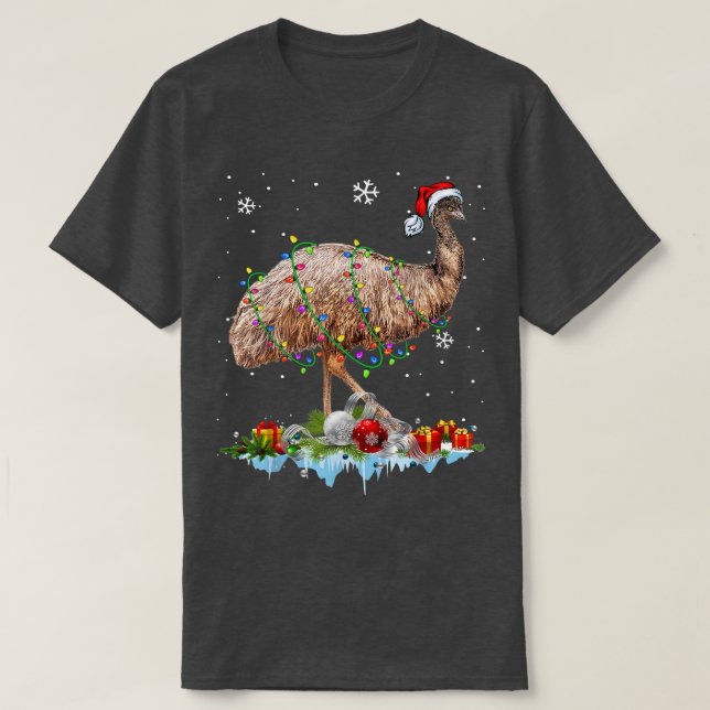 Santa Emu Bird with Christmas lights Funny Xmas  T-Shirt (Design Front)