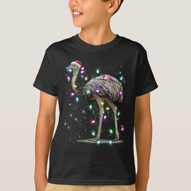 Santa Emu Bird with Christmas lights Gift Funny Xm T-Shirt (Front)