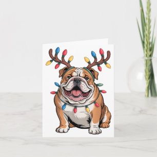 Santa English Bulldog Reindeer Light Christmas  Card