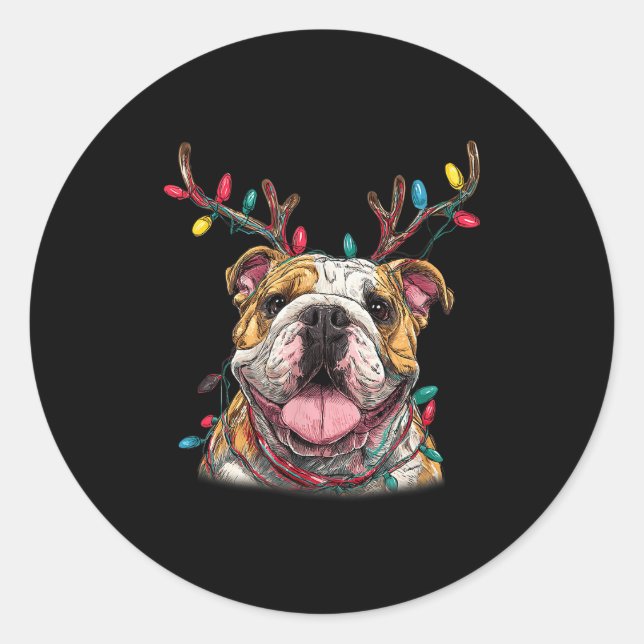 Santa English Bulldog Reindeer Light Christmas  Classic Round Sticker (Front)
