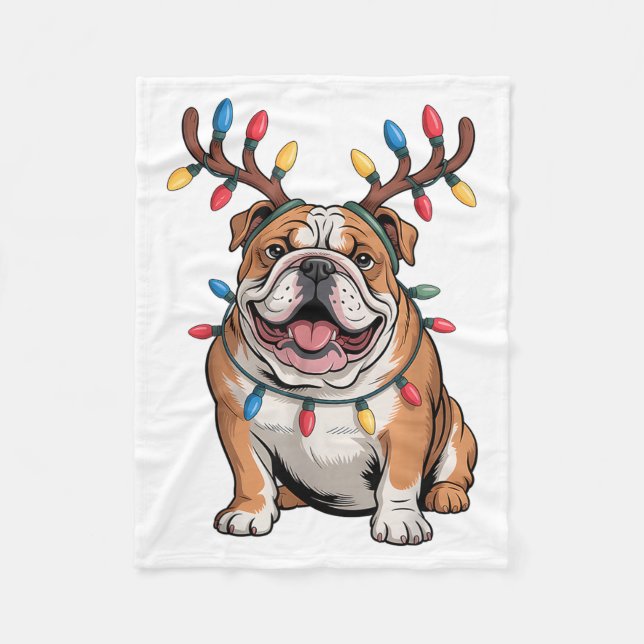 Santa English Bulldog Reindeer Light Christmas  Fleece Blanket (Front)