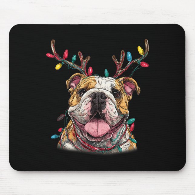 Santa English Bulldog Reindeer Light Christmas  Mouse Pad (Front)