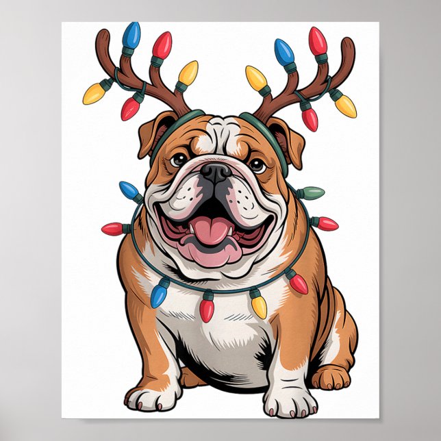 Santa English Bulldog Reindeer Light Christmas  Poster (Front)