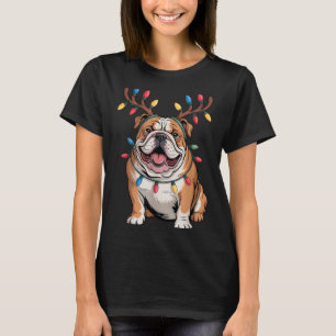 Santa English Bulldog Reindeer Light Christmas  T-Shirt