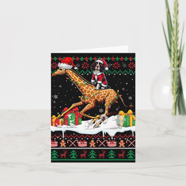 Santa English Springer Spaniel Riding Giraffe Xmas Card (Front)