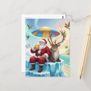 Santa Enjoys a Beer On an Iceberg Vacation Postcard