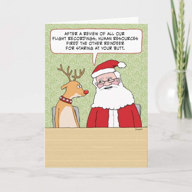 Santa Explains Reindeer Harassment Funny Christmas Card (Front)