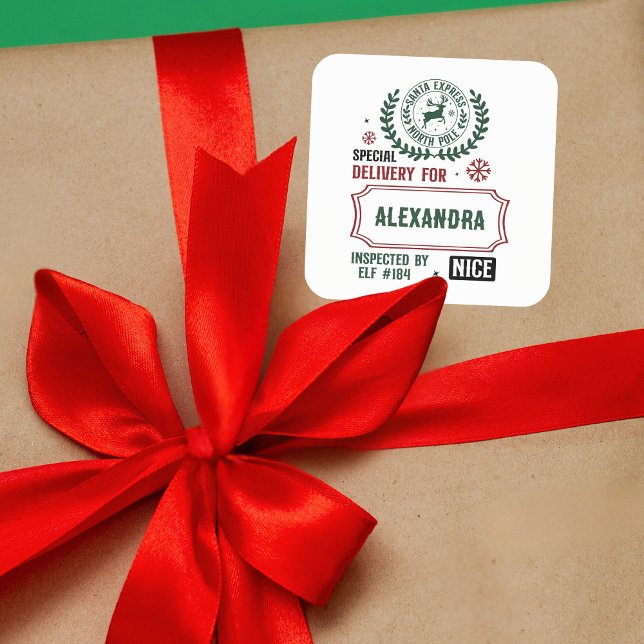 Santa Express Delivery For (Custom Name) Square Sticker (Easily personalize this cute custom name Santa Express Delivery gift tag.)