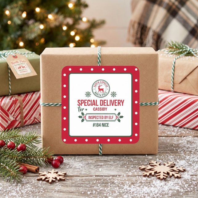 Santa Express Reindeer express delivery dotted Square Sticker (Creator Uploaded)