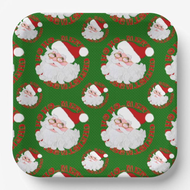 Santa Face Circles,Green Glitter-Paper Plates (Front)