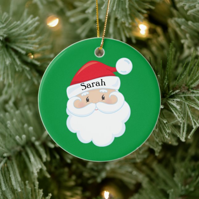 Santa Face with Name on Cap Ceramic Ornament (Tree)