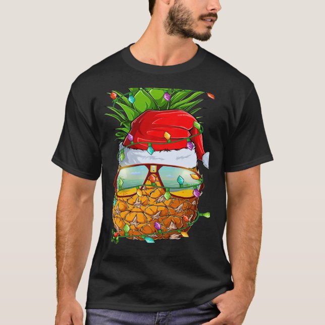 Santa Fat Pineapple Glasses Xmas Lights Pineapple  T-Shirt (Front)