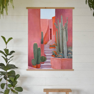 Santa Fe Cacti Boho Wood Topped Wall Tapestry