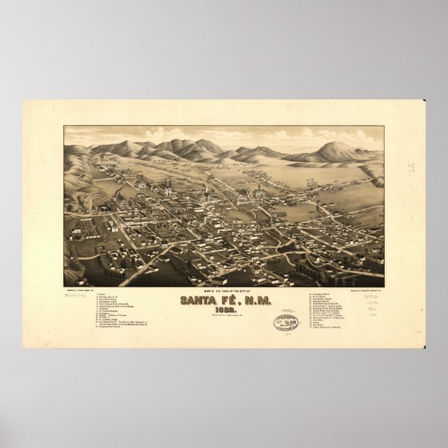 Santa Fe New Mexico 1882 Antique Panoramic Map Poster (Front)