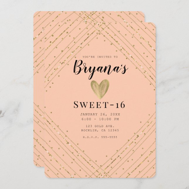 Santa Fe Pink & Gold Glitter Sweet 16 Birthday Invitation (Front/Back)