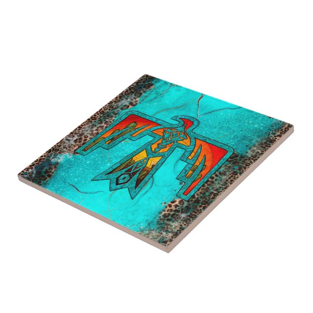 Santa Fe Thunderbird Turquoise Marble Leopard Ceramic Tile (Side)