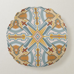 Santa Fe Tiles Boho Geometric  Pattern Chic Round Cushion