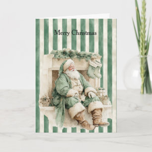 Santa Fireplace Stockings Green Stripes Christmas Card