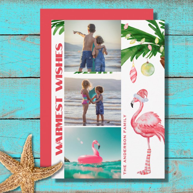 Santa Flamingo 3 PHOTO Tropical Beach Christmas Holiday Card (Creator Uploaded)