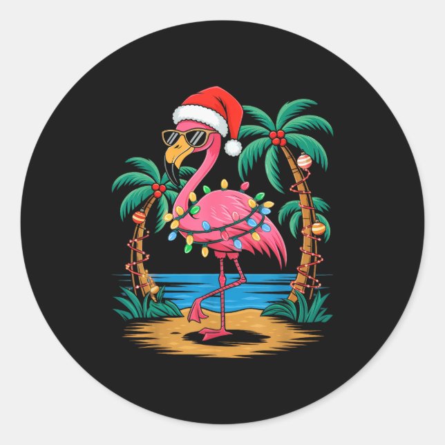 Santa Flamingo Christmas Lights Trocal Palms Tree  Classic Round Sticker (Front)