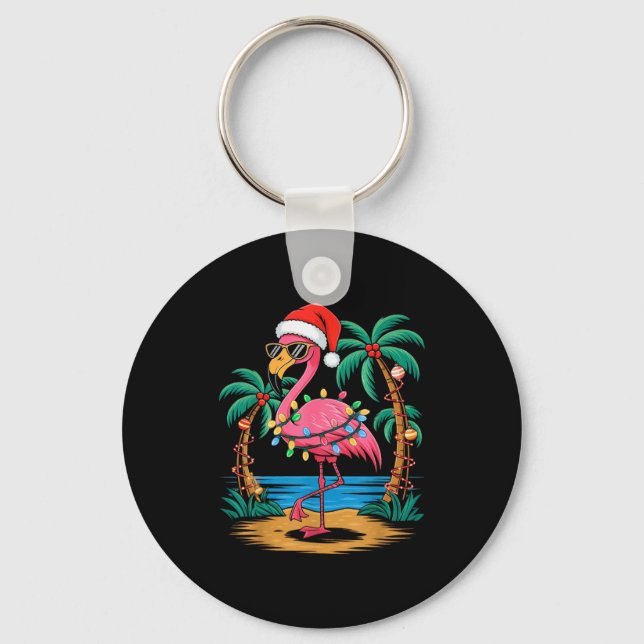 Santa Flamingo Christmas Lights Trocal Palms Tree  Key Ring (Front)