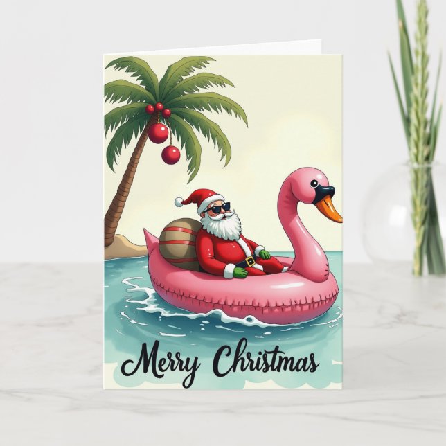 Santa Flamingo Float Merry Christmas Tropical Card (Front)