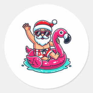 Santa Flamingo Floatie Beach Funny Christmas In Ju Classic Round Sticker