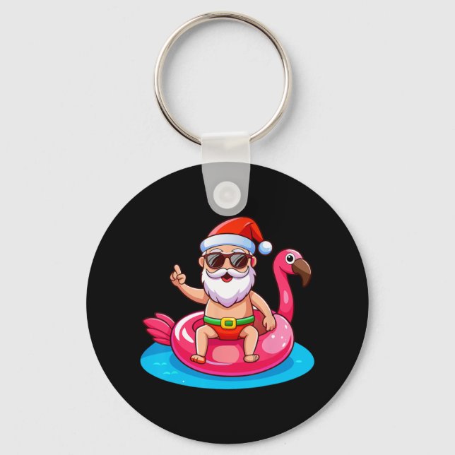 Santa Flamingo Floatie Beach Funny Christmas In Ju Key Ring (Front)