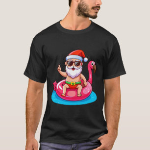 Santa Flamingo Floatie Beach Funny Christmas In Ju T-Shirt