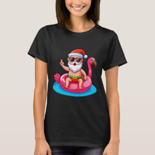 Santa Flamingo Floatie Beach Funny Christmas In Ju T-Shirt
