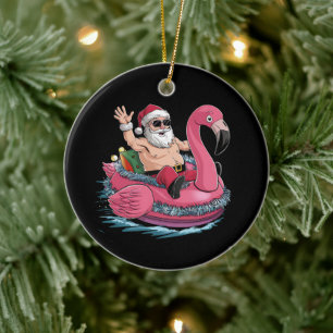 Santa Flamingo Floatie Christmas In July Summer Ceramic Ornament