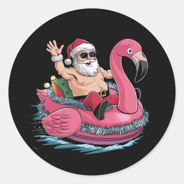 Santa Flamingo Floatie Christmas In July Summer Classic Round Sticker (Front)
